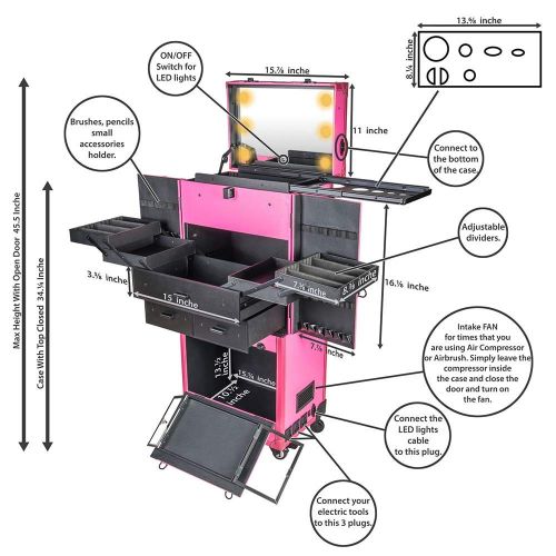  SHANY Cosmetics SHANY REBEL Pro Series  Makeup Artists Multifunction lighted Cosmetics Rolling Case with Fan - Proudly PINK
