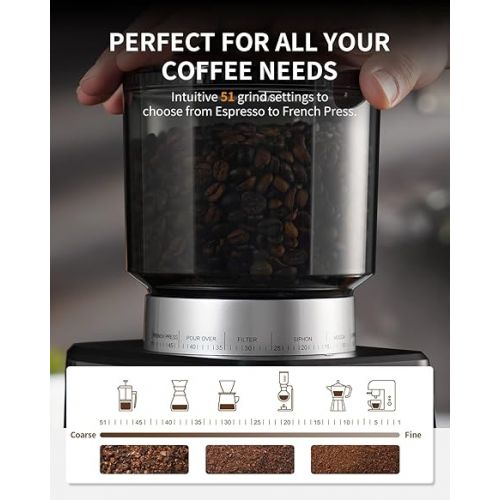  SHARDOR Anti-static Conical Burr Coffee Bean Grinder for Espresso with Precision Timer, Touchscreen Adjustable Electric Burr Mill with 51 Precise Settings for Home Use, Brushed Stainless Steel