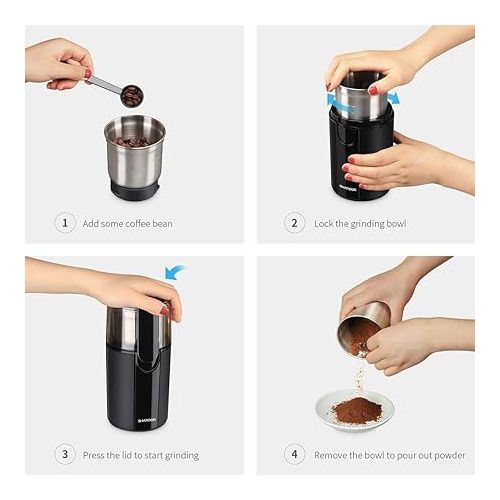  SHARDOR Coffee Grinder Electric, Coffee Bean Grinder Electric, Herb Grinder, Nut Grain Grinder with 1 Removable Stainless Steel Bowl, Black