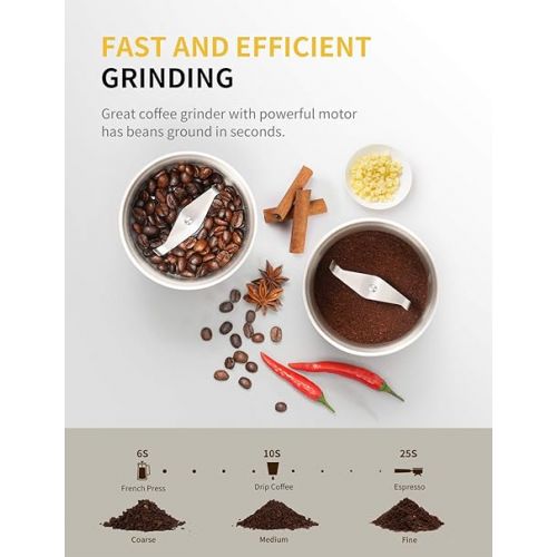  SHARDOR Coffee Grinder Electric Herb/Wet Grinder for Spices and Seeds with 2 Removable Stainless Steel Bowls, Silver