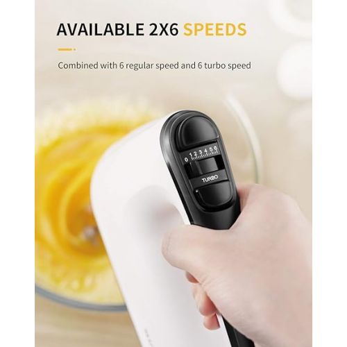  SHARDOR Hand Mixer Electric, 6 Speed & Turbo Handheld Mixer with 5 Stainless Steel Accessories, Electic Mixer for Whipping, Mixing Cookies, Brownie, Cakes, Dough Batters, Snap-On Storage Case, White