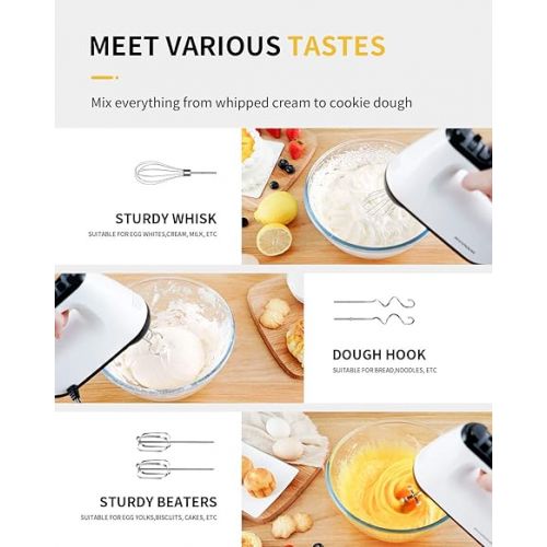  SHARDOR Hand Mixer Electric, 6 Speed & Turbo Handheld Mixer with 5 Stainless Steel Accessories, Electic Mixer for Whipping, Mixing Cookies, Brownie, Cakes, Dough Batters, Snap-On Storage Case, White