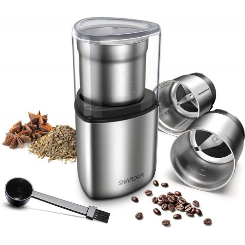  SHARDOR Coffee Grinder Electric, Herb Grinder, Spice Grinder Electric, Wet Grinder for Spices and Seeds with 2 Removable Stainless Steel Bowls, Silver