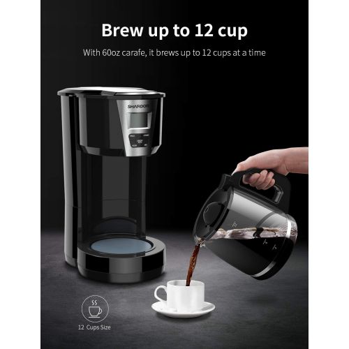  [아마존베스트]SHARDOR Drip Coffee Maker, 12 Cup Programmable Brew Coffee Machine 3.0, Automatic Start and Shut Off, Brew Strength Control, Warming Plate, Glass Carafe, 60oz, Black
