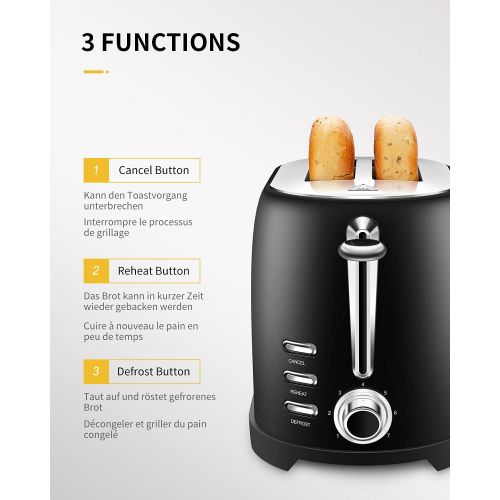  [아마존베스트]SHARDOR Toaster Stainless Steel Black Automatic Toaster Compact 2 Slices with Extra Wide Toast Slots (35 mm), 7 Tanning Levels, 800 W