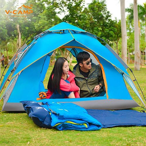  SHARESUN Outdoor Camping Tent, Fully Automatic Double Door Double Door Rainproof Breathable UV Field Dome Tentage 3-4 People, Travel Beach Garden Wigwam, 220200125CM, Blue