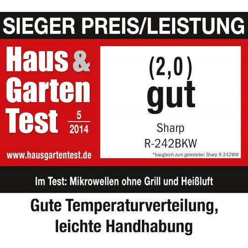  Sharp R242BKW Solo-Mikrowelle / 20 L / 800 W / 5 Leistungsstufen / 8 Automatikprogramme / Gewicht und zeitgesteuerte Auftauen / Kindersicherung / Energiesparmodus / Glasdrehteller