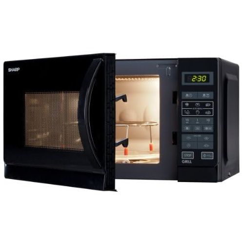  Sharp R642BKW 2-in-1 Mikrowelle mit Grill / 20 L / 800 W / 1000 W Quarzgrill / 8 Automatikprogramme / Timer / Kindersicherung / Energiesparmodus / Glasdrehteller (25,5 cm) / schwar