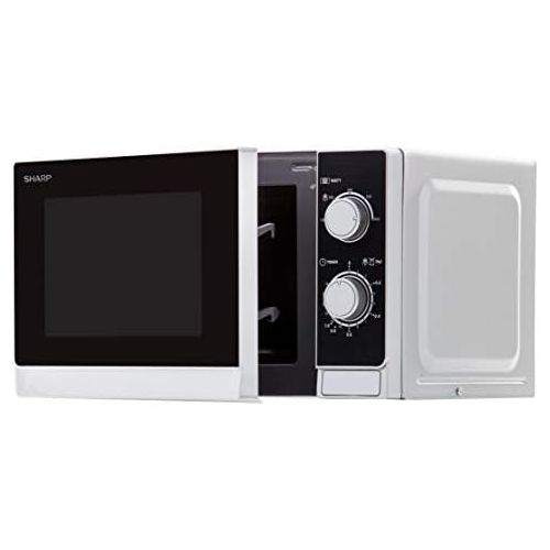  Sharp R200INW Solo-Mikrowelle / 20 L / 800 W / 5 Leistungsstufen / Timer von 35 Minuten bis 00 Sekunden / gewichtgesteuertes Auftauen / Energiesparmodus / Glasdrehteller (25,5 cm)