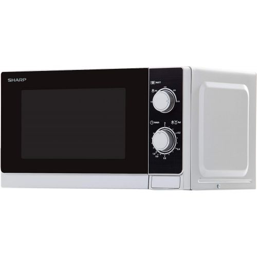  Sharp R200INW Solo-Mikrowelle / 20 L / 800 W / 5 Leistungsstufen / Timer von 35 Minuten bis 00 Sekunden / gewichtgesteuertes Auftauen / Energiesparmodus / Glasdrehteller (25,5 cm)