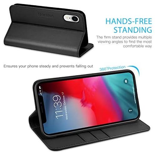  [아마존베스트]SHIELDON iPhone XR Case, Genuine Leather Flip iPhone XR Wallet Case with RFID Blocking Credit Card Holder Shockproof Case Compatible with iPhone XR (6.1 Inch 2018) - Black
