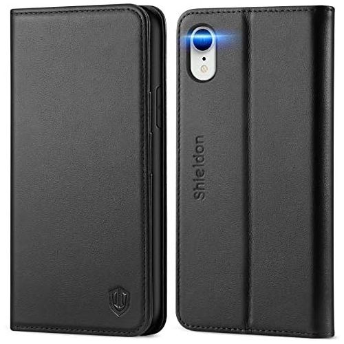  [아마존베스트]SHIELDON iPhone XR Case, Genuine Leather Flip iPhone XR Wallet Case with RFID Blocking Credit Card Holder Shockproof Case Compatible with iPhone XR (6.1 Inch 2018) - Black