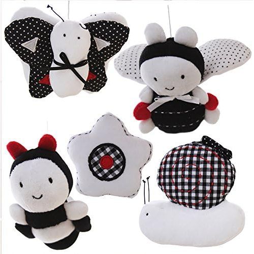  SHILOH Baby Infant Crib Stroller Mobile Hanging Rattles Set 5 PCS, Without Rings (White & Black)