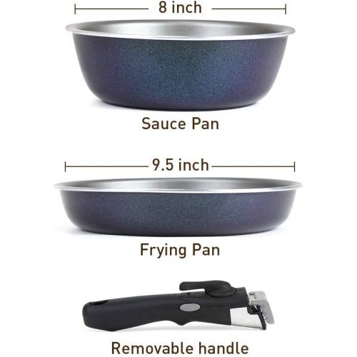  SHINEURI 3 Pieces Removable Handle Cookware, Stackable Pots And Pans Set, Nonstick Pot and Pan Set,Nonstick Frying Pans for Home & Camping, Dishwasher Safe, Oven Safe - 8/9.5 inch