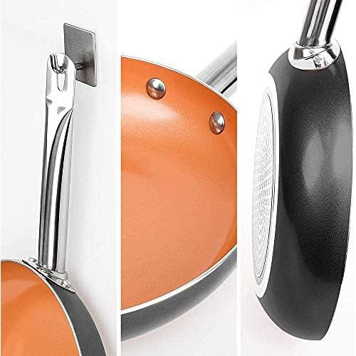  SHINEURI 6 Pieces Nonstick Copper Pans with Lid Copper Frying Pans Copper Nonstick Frying Pans Copper Pans with Lid Copper Skillets with Lid Ceramic Fry Pan Copper Pans for Cooking