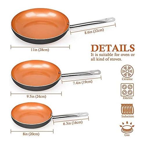  SHINEURI 6 Pieces Nonstick Copper Pans with Lid Copper Frying Pans Copper Nonstick Frying Pans Copper Pans with Lid Copper Skillets with Lid Ceramic Fry Pan Copper Pans for Cooking