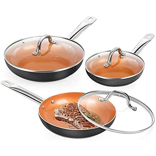  SHINEURI 6 Pieces Nonstick Copper Pans with Lid Copper Frying Pans Copper Nonstick Frying Pans Copper Pans with Lid Copper Skillets with Lid Ceramic Fry Pan Copper Pans for Cooking