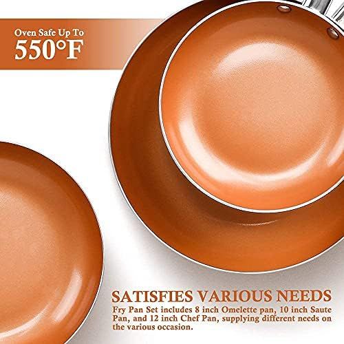  SHINEURI 6 Pieces Nonstick Copper Pans with Lid Copper Frying Pans Copper Nonstick Frying Pans Copper Pans with Lid Copper Skillets with Lid Ceramic Fry Pan Copper Pans for Cooking