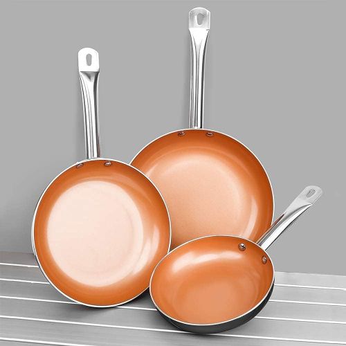  SHINEURI 6 Pieces Nonstick Copper Pans with Lid Copper Frying Pans Copper Nonstick Frying Pans Copper Pans with Lid Copper Skillets with Lid Ceramic Fry Pan Copper Pans for Cooking