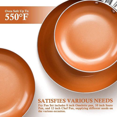  SHINEURI 6 Pieces Nonstick Copper Pans with Lid Copper Frying Pans Copper Nonstick Frying Pans Copper Pans with Lid Copper Skillets with Lid Ceramic Fry Pan Copper Pans for Cooking