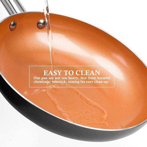  SHINEURI 6 Pieces Nonstick Copper Pans with Lid Copper Frying Pans Copper Nonstick Frying Pans Copper Pans with Lid Copper Skillets with Lid Ceramic Fry Pan Copper Pans for Cooking