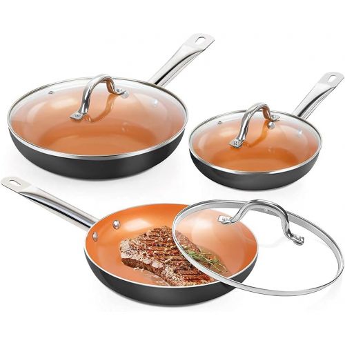  SHINEURI 6 Pieces Nonstick Copper Pans with Lid Copper Frying Pans Copper Nonstick Frying Pans Copper Pans with Lid Copper Skillets with Lid Ceramic Fry Pan Copper Pans for Cooking