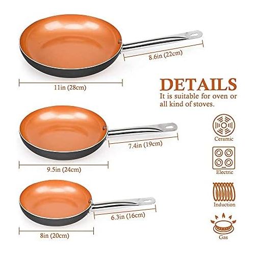  [아마존베스트]SHINEURI 6 Pieces Nonstick Copper Pan Set - 8 / 9.5 /11 inch, Frying Pan Set with Lid, Fry Pan Set with Induction Base & Stainless Steel Handle, Suitable for Cooking Saute Vegetabl