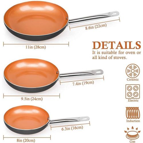  [아마존베스트]SHINEURI 6 Pieces Nonstick Copper Pan Set - 8 / 9.5 /11 inch, Frying Pan Set with Lid, Fry Pan Set with Induction Base & Stainless Steel Handle, Suitable for Cooking Saute Vegetabl