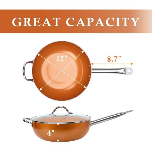  [아마존베스트]SHINEURI Nonstick Ceramic Copper 12 Inch Wok and Stir Fry Pans with Lid, Copper Skillet Deep Frying Pan with Induction Base & Stainless Steel Handle, Suitable for Cooking Saute Veg