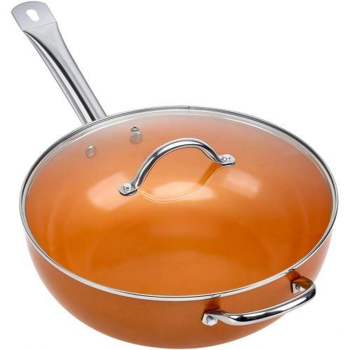  [아마존베스트]SHINEURI Nonstick Ceramic Copper 12 Inch Wok and Stir Fry Pans with Lid, Copper Skillet Deep Frying Pan with Induction Base & Stainless Steel Handle, Suitable for Cooking Saute Veg