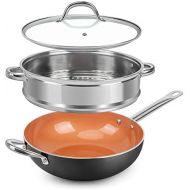 [아마존베스트]SHINEURI 3 Pieces Copper Nonstick Ceramic Fry Pan Set - 12 Inch Woks and Stir Fry Pans with Lid & Stainless Steel Steamer Basket Copper Skillet with Induction Base for Induction Ga