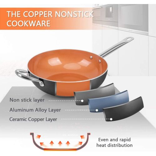  [아마존베스트]SHINEURI 3 Pieces Copper Nonstick Ceramic Fry Pan Set - 12 Inch Woks and Stir Fry Pans with Lid & Stainless Steel Steamer Basket Copper Skillet with Induction Base for Induction Ga