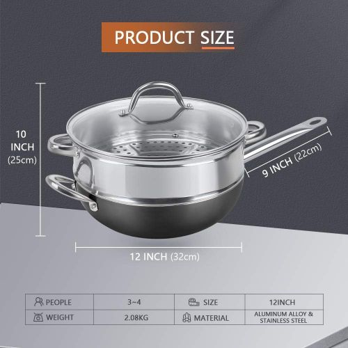  [아마존베스트]SHINEURI 3 Pieces Copper Nonstick Ceramic Fry Pan Set - 12 Inch Woks and Stir Fry Pans with Lid & Stainless Steel Steamer Basket Copper Skillet with Induction Base for Induction Ga