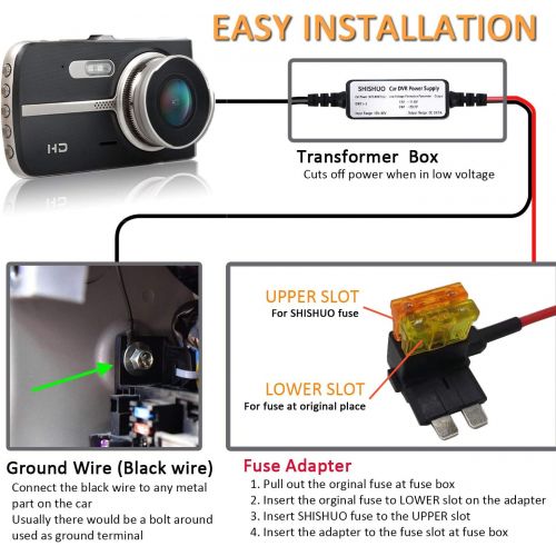  SHISHUO Dashcam Hardwire Kit with Mini USB and Micro USB Port, Battery Drain Protector, 12V 24V Input, 5V/2A Output, 5 Fuse Type and Installation of Break Bars/Cables