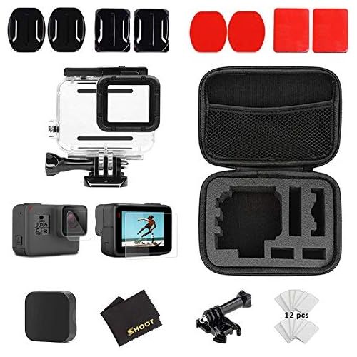  SHOOT 26 in1 Must Have Accessories Kit with Carrying Case,Waterproof Housing Case for GoPro Hero 7 Black/5/6 Tempered-Glass Screen Protector,Lens Cap,Adapter