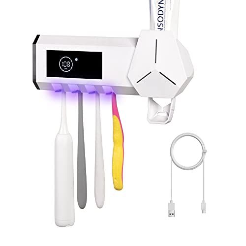  SHUKAN Toothbrush Sanitizer with Toothpaste Dispenser ,Toothbrush Holder Wall Mounted 2600mAh Charging, 4 Toothbrush Slots Toothbrush Holder Bathroom Organizer for Ladies Men Baby