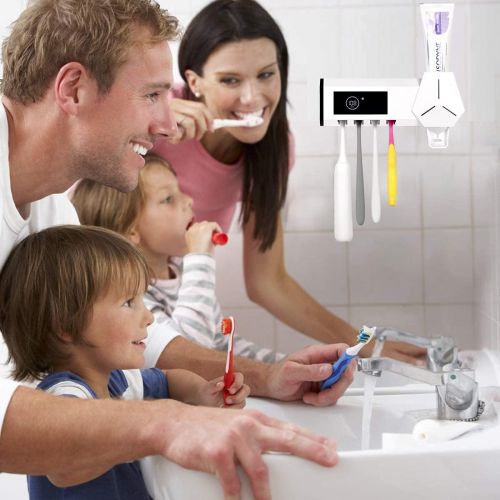  SHUKAN Toothbrush Sanitizer with Toothpaste Dispenser ,Toothbrush Holder Wall Mounted 2600mAh Charging, 4 Toothbrush Slots Toothbrush Holder Bathroom Organizer for Ladies Men Baby