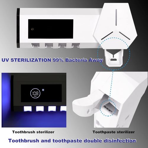  SHUKAN Toothbrush Sanitizer with Toothpaste Dispenser ,Toothbrush Holder Wall Mounted 2600mAh Charging, 4 Toothbrush Slots Toothbrush Holder Bathroom Organizer for Ladies Men Baby