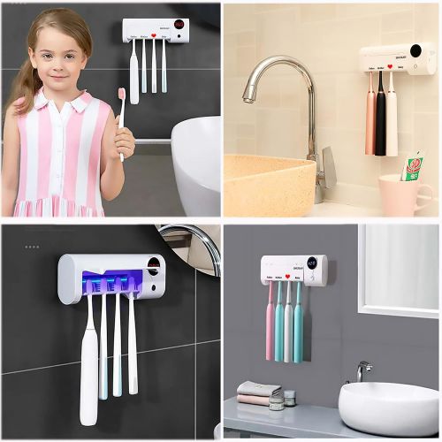  SHUKAN Toothbrush Sanitizer, Bathroom Toothbrush Holder Wall Mounted with UV Sterilizer Function, 1500mAh Charging, Timing Function, Toothbrush Organizer for Ladies Baby Family（Whi