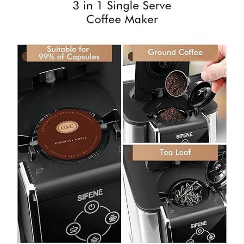  SIFENE Single Serve Coffee Maker, 3-in-1 Quick Brew for Coffee Pods, Ground Coffee, & Loose Tea, 6-12oz Cup Sizes, 50oz Removable Water Tank, 1150W, Compact, Black