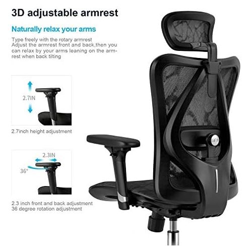  SIHOO Ergonomic Mesh Office Chair, Computer Desk Chair With 3-Way Armrests, 2-Way Lumbar Support and Adjustable Headrest, High Back Home Office Chair With Tilt Function, Mesh Back
