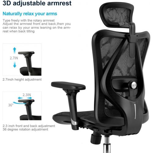  SIHOO Ergonomic Mesh Office Chair, Computer Desk Chair With 3-Way Armrests, 2-Way Lumbar Support and Adjustable Headrest, High Back Home Office Chair With Tilt Function, Mesh Back