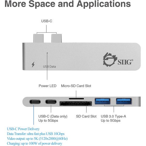  SIIG Dual USB Type-C Hub with Card Reader and Power Delivery (Silver)