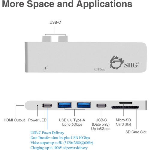  SIIG Dual USB Type-C Hub with HDMI, Card Reader, and Power Delivery (Silver)