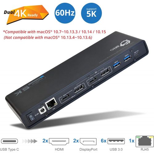  SIIG USB Type C 4K Dual Video Docking Station - Dual 4K@60HZ - Single 5K@60Hz - Thunderbolt 3 Compatible - 2 HDMI 2 DisplayPort Outputs, Gigabit Ethernet, 6 USB 3.0 - MacOS 10.14 +