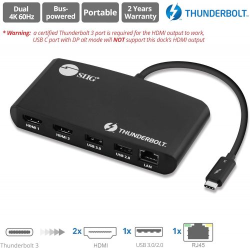  SIIG Thunderbolt 3 Mini Dock with Dual 4K HDMI, USB 3.0, USB 2.0, Gigabit Ethernet LAN Port - Bus Powered Docking Station - Mac and Windows Compatible (MacBook ProChromebookDell