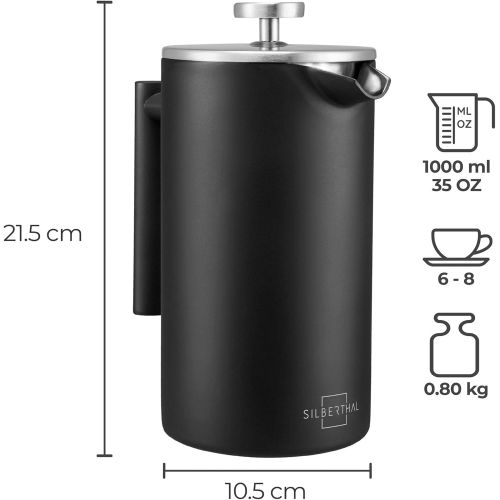  SILBERTHAL French Press 1 Liter  Edelstahl Kaffeebereiter schwarz  Doppelwandig Thermo-isolierte Kaffeepresse - fuer 6-8 Tassen