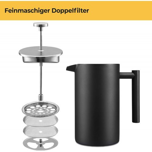  SILBERTHAL French Press 1 Liter  Edelstahl Kaffeebereiter schwarz  Doppelwandig Thermo-isolierte Kaffeepresse - fuer 6-8 Tassen