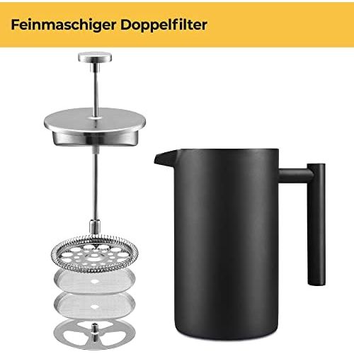  [아마존베스트]Silberthal French Press 1 Litre - Stainless Steel Coffee Maker Black - Double Wall Thermal Insulated Coffee Press