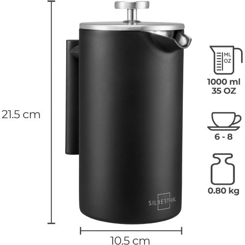  [아마존베스트]Silberthal French Press 1 Litre - Stainless Steel Coffee Maker Black - Double Wall Thermal Insulated Coffee Press